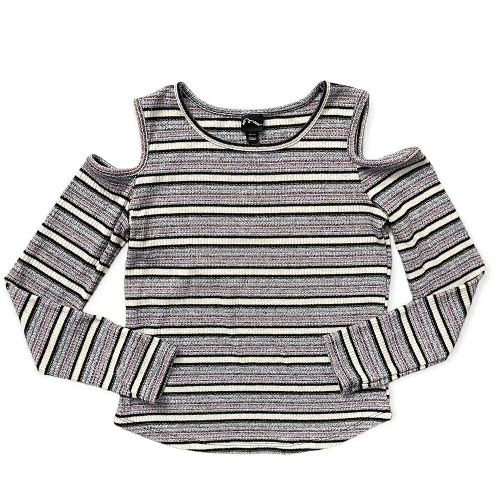 Art Class Girl’s Multicolor Metallic Striped Long Sleeve Cold Shoulder Top 7/8